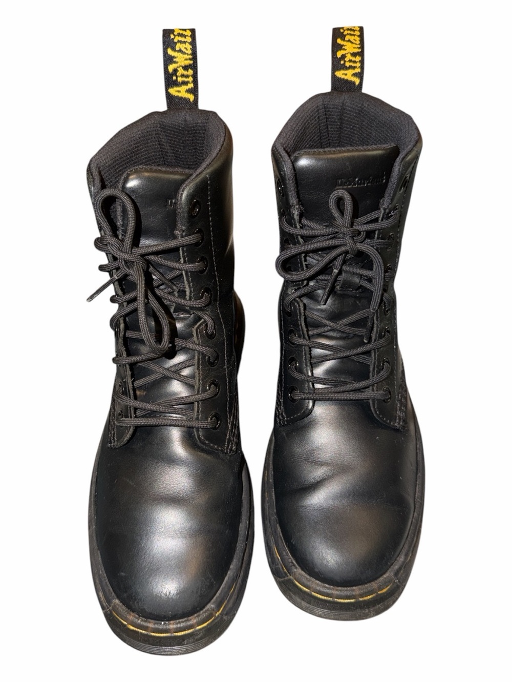 Dr. Martens Black Leather Combat Boots with Yellow Stitching - Picture 2 of 6